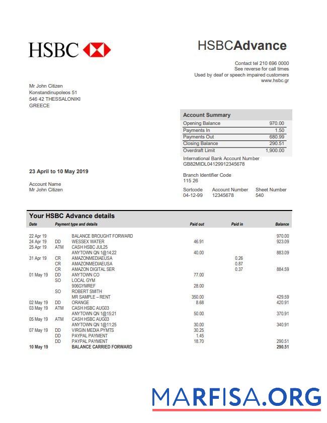 Downloadable Greece HSBC bank statement word real example